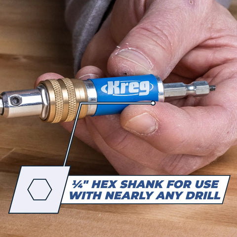 Your New Shop Floor Favorite Features A Heavy Duty Two Sided Drill Bit And Driver that shows a ¼" hex shank mechanism in use.