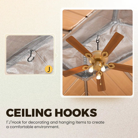 Ceiling of 10x12 Hardtop Gazebo With Aluminum Frame And Metal Roof, showing J hook and fan for decoration and hanging items.