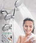 Woman enjoying shower under Brushed Gold 3 Way Shower Faucet Set With Handheld Shower Head And Fixed Shower Head Single Handle Tub