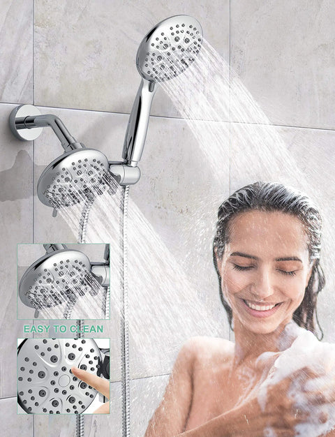 Woman enjoying shower under Brushed Gold 3 Way Shower Faucet Set With Handheld Shower Head And Fixed Shower Head Single Handle Tub