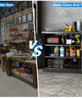 Left: cluttered workspace; Right: Sturdy Metal Garage Storage Cabinet With Pegboard Doors, organized tools inside, closed doors
