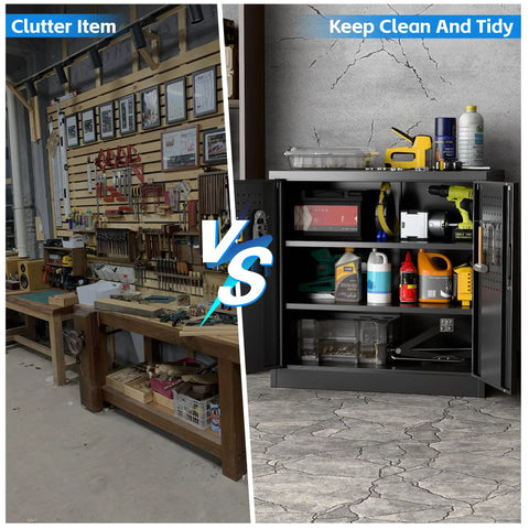 Left: cluttered workspace; Right: Sturdy Metal Garage Storage Cabinet With Pegboard Doors, organized tools inside, closed doors