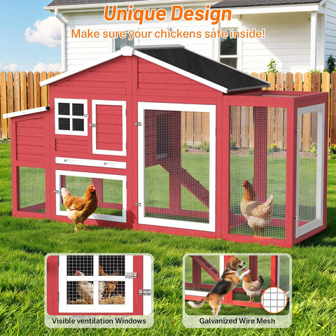 Backyard Chicken Coop For 4 To 6 Hens, 84.7 Inch Long Outdoor Hen House With Nesting Box, All Weather Roof, Leakproof Tray, Red