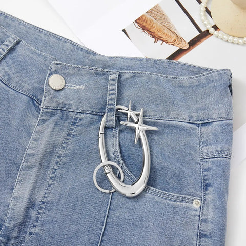 Star Shaped Carabiner Keychain With Belt Loop Clip Silver Cool Durable Stainless Steel Heavy Duty Snap Hook on denim jeans