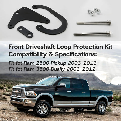 Dodge Ram Front Driveshaft Loop Protection Kit Bolt On For 2003 To 2013 Ram 2500 And 2003 To 2012 Ram 3500 with steel parts.