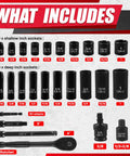 64 Piece 3/8 Inch Socket Set With 72-Tooth Ratchet, Showing Shallow and Deep Sockets, Extension Bars, Bit Adapters