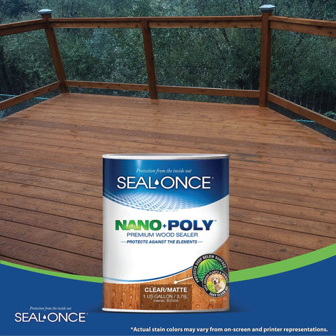 Penetrating Wood Sealer With Polyurethane For Decks Fences And Log Homes Water Based Low VOC Odorless Stain And Waterproof Finish For Outdoor Wood Siding Patio Furniture And More 1 Gallon shown on a wooden deck