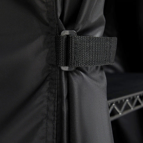 Close-up of Weather-X Garage Shelf Cover strap and fabric texture for 48x18x72 shelving units, showcasing weather-resistant backing.