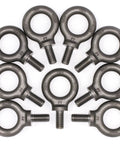 Nine Pack 1/2-13 Eye Bolts, 1 Inch Long, Heavy Duty Lifting Eyebolts for Hoisting and Rigging, Forged Carbon Steel 1035 displayed in a circle