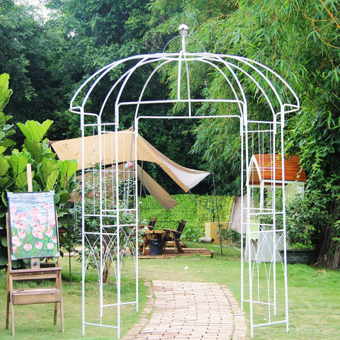 Birdcage Garden Arch Arbor 9 Ft High By 6.8 Ft Wide White Metal Gazebo With Anti Rust Wrought Iron Frame in garden setting