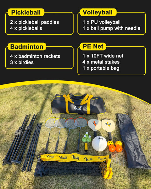All In One Portable Badminton Volleyball Pickleball Net Set For Adults on grass with rackets, paddles, balls, and carry bag