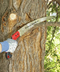 RazorTOOTH Pruning Saw For One Handed Use With Curved Blade cutting tree branch, Ergonomic Pistol Grip visible