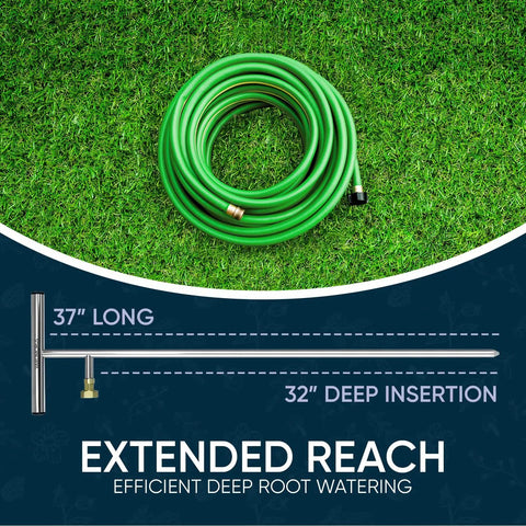 Diagram of Stainless Steel Deep Root Feeder For Tree Watering Spike Tool Irrigation For Outdoor Plants System with hose and dimensions.