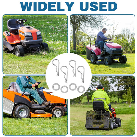Widely used 8Pcs Spring Locking Pin Set for Riding Lawn Tractors Beefy Cotter Hitch Clips shown in use with different mowers