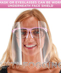 Woman wearing pink glasses frames safety face shield with ultra clear full face protection, anti fog PET plastic goggles.