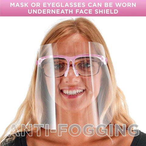 Woman wearing pink glasses frames safety face shield with ultra clear full face protection, anti fog PET plastic goggles.