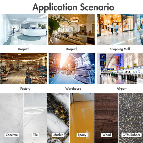 Application scenarios for floor scrubbers in hospitals, shopping malls, factories, warehouses, airports, and various flooring types like concrete and tile.