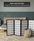Compact 3 Foot Short Window Pane Shoji Screen Black 5 Panel Room Divider With Rice Paper Panels And Lightweight Spruce Frame in bedroom