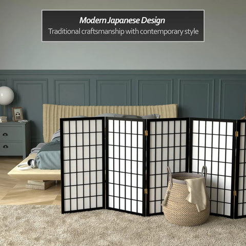 Compact 3 Foot Short Window Pane Shoji Screen Black 5 Panel Room Divider With Rice Paper Panels And Lightweight Spruce Frame in bedroom