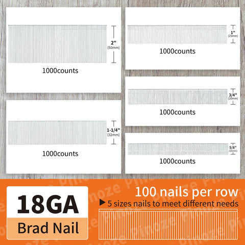 Image of 18 Gauge Galvanized Brad Nails Assortment for Nail Gun 5000 Count in sizes 2, 1-1/4, 1, 3/4, 5/8 inches for pneumatic and electric use.