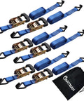 Image of 1.5 In X 15 Ft Padded Ratchet Tie Down Straps Set, 3000 Lbs Break Strength with blue straps and carry bag, 6 pack.