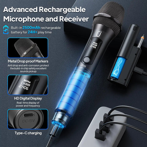 Wireless Karaoke Microphone Set With Rechargeable Bluetooth 5.3 Microphones And Receiver, showing details and features