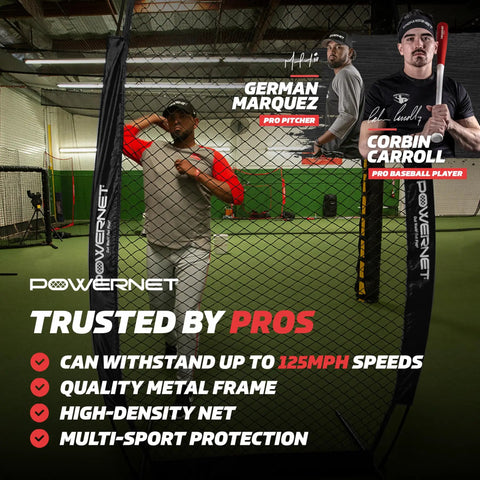 Pro pitcher using 7 ft portable baseball softball practice net with I screen shield in indoor setting for pitching and hitting practice