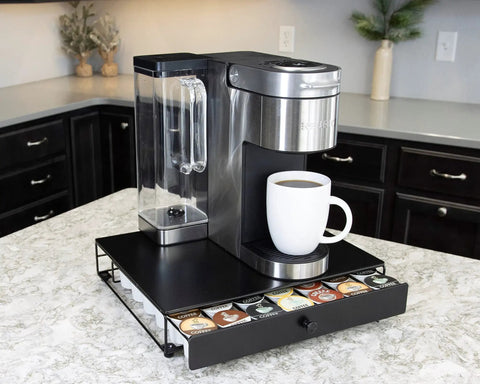 Rolling Black Finish Coffee Pod Storage Drawer For K Cups Holds 42 Pods Extra Wide Under Coffee Pot Space Slim Countertop Organizer