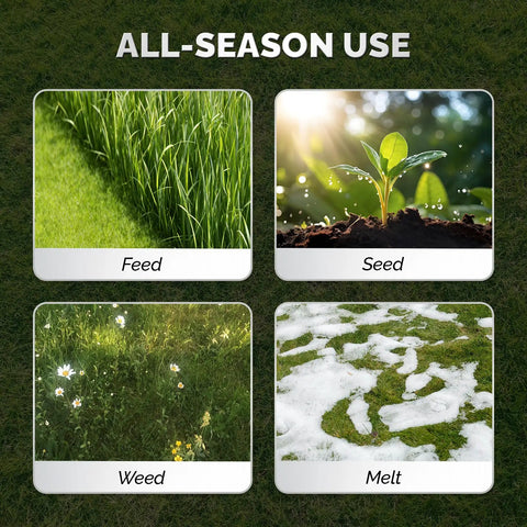 Four seasonal uses of 110 Lb Tow Behind Fertilizer Broadcast Spreader With 10 Adjustable Drop Rate And 11.4 Inch Tire for lawn care.