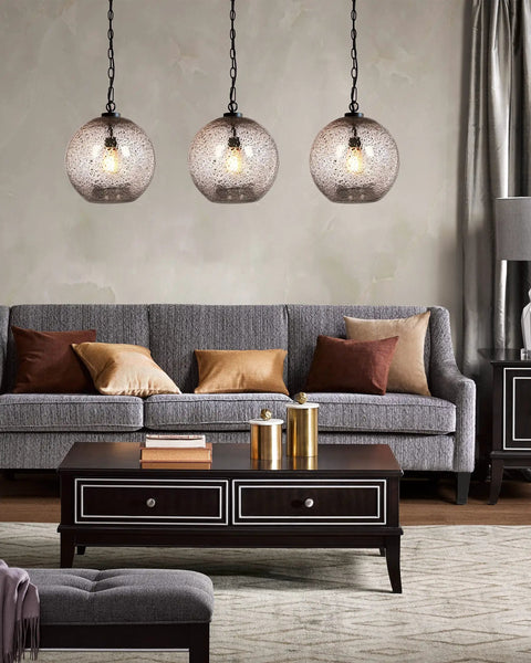Modern Farmhouse Pendant Light For Kitchen Island And Entryway With Clear Hand Blown Glass Globe And Black Marble Accent Ceiling Hanging Fixture Big 13 Inch Globe On Black Chain Kit For Dining Room Bar Hallway, living room display