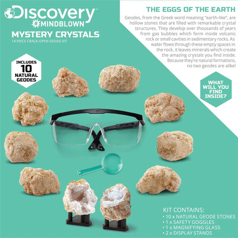 Crack Open Real Quartz Geodes Kit With Goggles, Magnifying Glass, And Display Stands For STEM Geology Learning For Kids Ages 6 And Up Educational Crystal Hunt Activity Set Gift; 10 natural geodes, glasses, stands