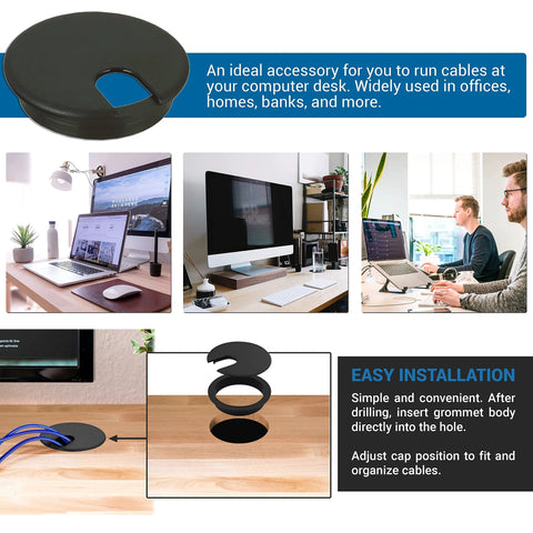 5 Pack Black Round Desk Cable Grommets 3 Inch 76mm Two Piece ABS Plastic Hole Cover installed on wooden desk