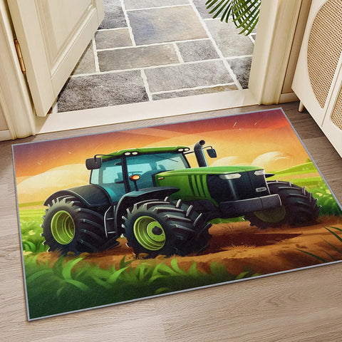 Construction Vehicle Rug 5x6 Foot Non Slip Low Pile Area Rug Machine Washable with tractor design for kids rooms and play areas.