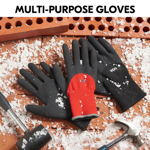 Five Pairs Freezer Winter Work Gloves With Double Lining And Rubber Latex Coating, size M, on snow-covered bricks with tools, RB6032.