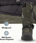 Rugged 840 Denier Waterproof Winter Boots With Heavy Foam Insulation And 32 Replaceable Ice Cleats For Kickass Traction On Frozen Trails Built Different To Slay Deep Snow Adventures XL Size, showing windproof top and 840 denier woven polyester.