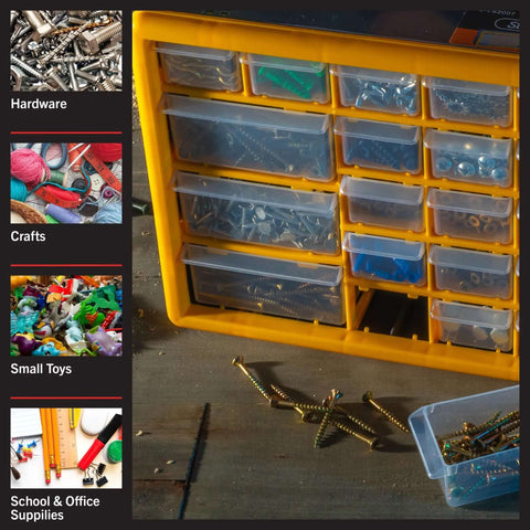 30 Drawer Plastic Small Parts Organizer Yellow Desktop Or Wall Storage for hardware, crafts, garage or classroom use