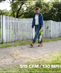 Man using Heavy Duty Brushless Motor Turbo Leaf Blower Knocking Out Yard Leaves And Dust With 515 Cfm Airflow And 130 Mph Winds.