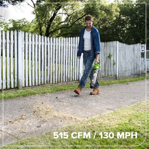 Man using Heavy Duty Brushless Motor Turbo Leaf Blower Knocking Out Yard Leaves And Dust With 515 Cfm Airflow And 130 Mph Winds.