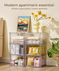 Real Slick Clear Stackable Closet Storage Drawers 4 Pack Medium Capacity 15 Quart Plastic Organizer Bins on display with clothes and food items.