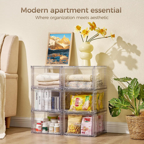 Real Slick Clear Stackable Closet Storage Drawers 4 Pack Medium Capacity 15 Quart Plastic Organizer Bins on display with clothes and food items.