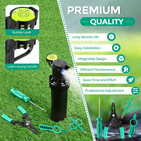 Five Pack All In One Sprinkler Head Tool Kit for Rain Bird and Hunter Systems displayed on grass with bubble level and tools