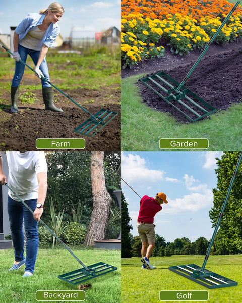 Lawn Leveling Rake With 78 Inch Adjustable Steel Handle used on farm, garden, backyard, and golf course for soil leveling.