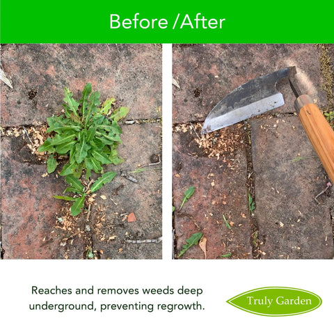 Before and after using Root Cutting Weeding Sickle With Thick Leather Sheath And Sharpening Stone For Deep Ground Weeding