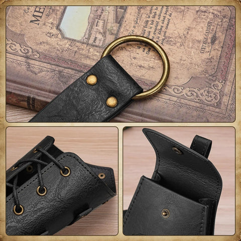 Close-up of Renaissance Knight Costume Kit With Leather Belt Pouch Arm Bracers And Sword Frog For Halloween Dress Up Black Dope 5 Piece