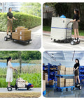 Electric Platform Truck 661 Lbs Capacity Heavy Duty Flatbed Cart With 1000W Motor in use for transporting boxes outdoors.