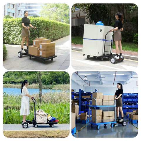 Electric Platform Truck 661 Lbs Capacity Heavy Duty Flatbed Cart With 1000W Motor in use for transporting boxes outdoors.