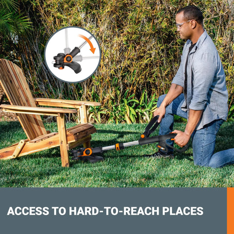 Person using 20V Cordless Yard Work Ready Bundle 12 Inch Trimmer Edger for hard-to-reach grass under chair