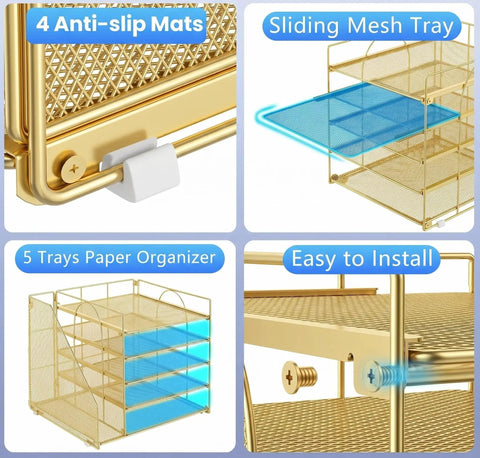 Image showing details of Five Tier Desktop File Organizer With Magazine Holder In Gold Finish, including anti-slip mats and sliding mesh tray.