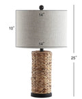 Natural Coastal Water Hyacinth Table Lamp Set Of 2 With Light Grey Linen Shade For Living Room Or Nightstand Cozy Chic Boho Farmhouse Decor LED Bulbs Included ETL Listed Safety 25 Inch Tall Lamps, showing a detailed view of one lamp with beige base and fabric shade.