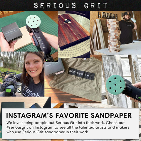 Collage featuring Beefy 3.5 Inch 7 Hole 60 Grit Sanding Discs on Festool RO 90 sander, woodworking pieces, and happy users.